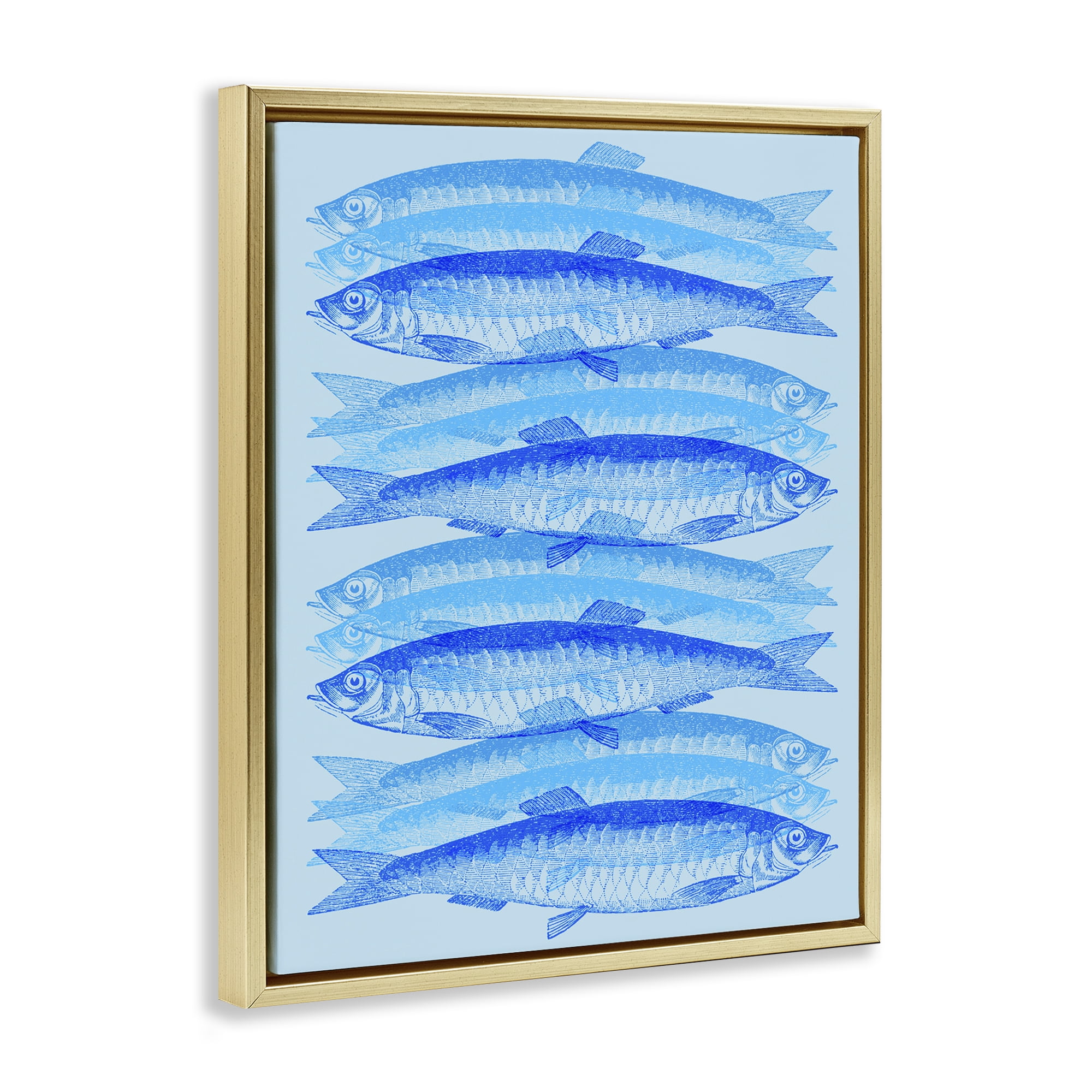 Stupell Industries Blue Layered Fish Animals & Insects Painting Gold Floater Framed Canvas Art Print Wall Art, 25 x 31