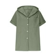 thumbnail image 3 of Fesfesfes Women's Fashion Blouses Hooded Front Placket Foldable Short Sleeve Loose T-shirt with Buttons Summer Linen Breathable Tops(Green,L), 3 of 5