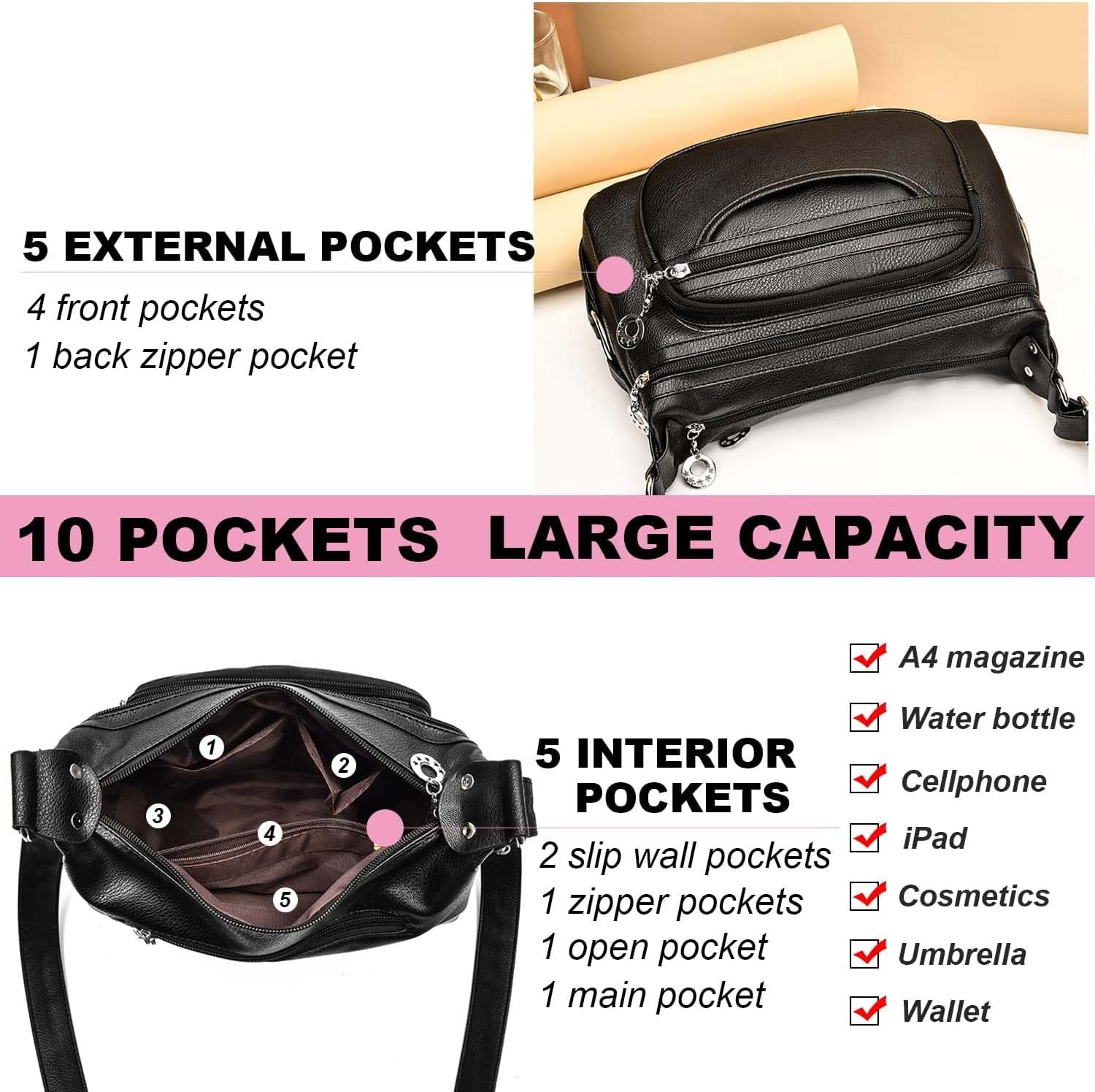 Leather Crossbody Bag for Women Multi Pockets Shoulder Purse Lightweight Messenger Bag Ladies Pocketbook