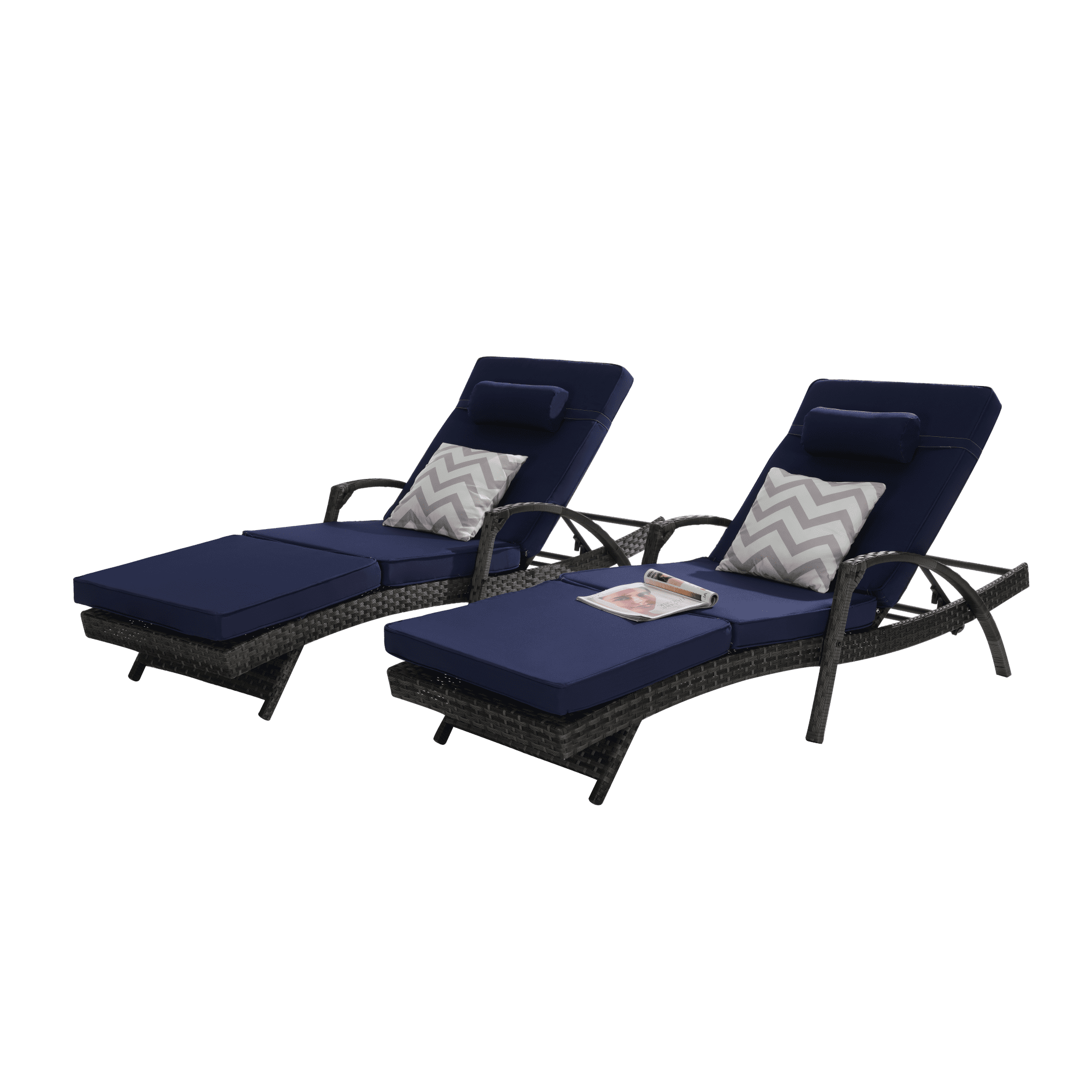 Leumius Outdoor Chaise Lounge Chair Set of 2,Wicker Reclining Lounge Chair with Cushions and Backrest Adjustable to 150° for Outside Pool Patio,Dark Blue