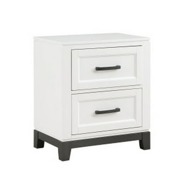 Benjara Thiem 28 Inch Nightstand with 2 Drawers, Black Handles, White Wood Finish