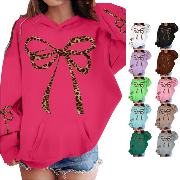 Oiyii Big Girls' Leopard Bow Graphic Pullover Hoodie Oversized Long Sleeve Casual Hooded Sweatshirt Trendy Hoodies,Hot Pink