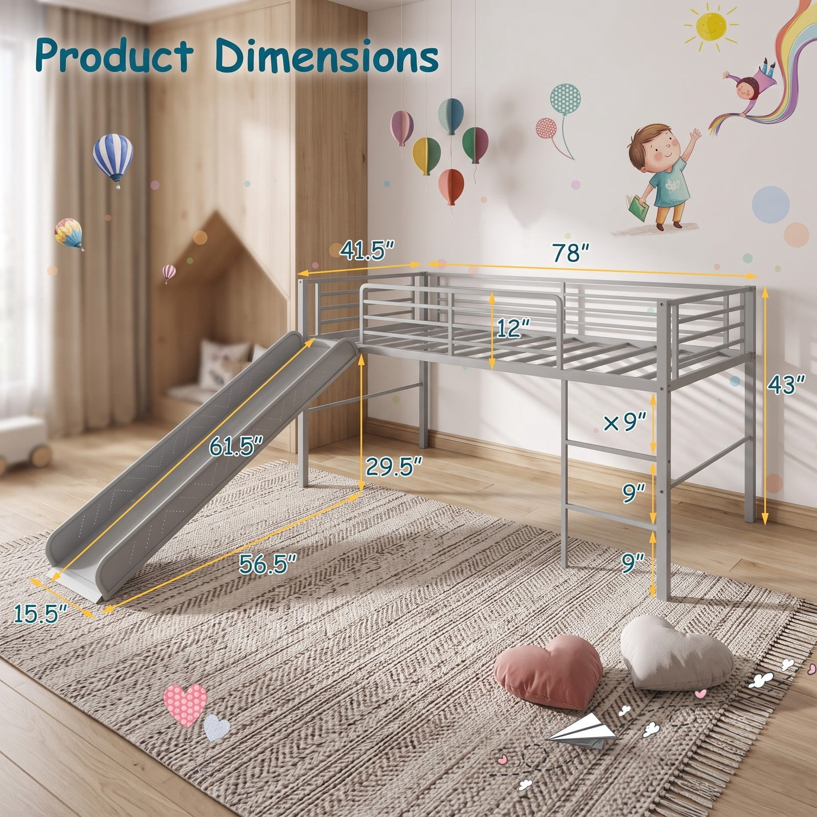 Furnibear Twin Metal Loft Bed with Slide and Built-in Ladder for Kids and Teens Bedroom, Space-Saving Loft Bed Frame with Guardrails, Silver