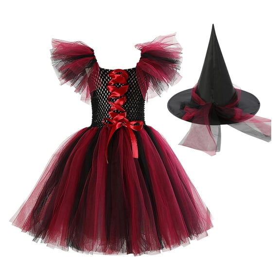 Odeerbi Toddler Girls Halloween Dress Gothic Lace Up Color Block Tulle Tutu Dress with Witch Hat Set