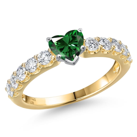 Gem Stone King 14K Two Tone Gold Green Nano Emerald and Lab Grown Diamond Engagement Ring for Women | 1.15 Cttw | Heart Shape 5MM | Gemstone May Birthstone | Size 7