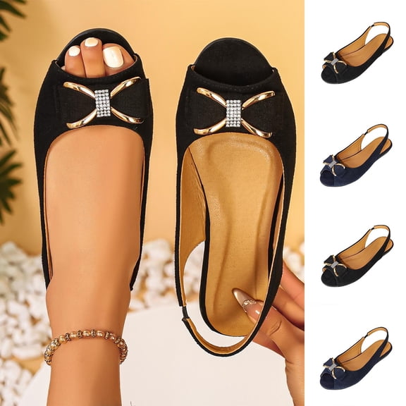 Rvasteizo Flats for Women Solid Soft Sole Peep Open Toe Bow Lazy Moccasin Outdoor Summer Shoes