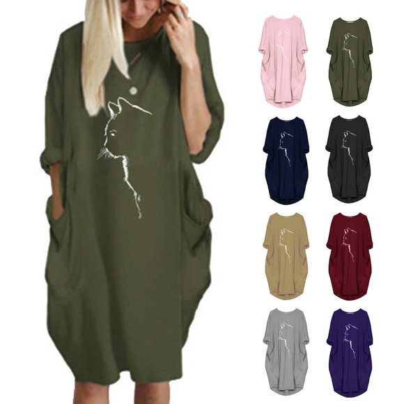 Womens Jumper Oversized Cat Printed Short Sleeve dresses summer Pocket Pullover Mini beach dresses for women 2022