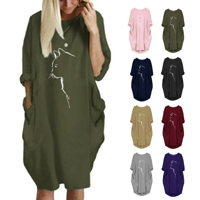PENGXIANG Robe Chandail Oversize pour Femmes Imprimé Chat Manches Courtes Été Poche Mini Robe de Plage pour Femmes 2022