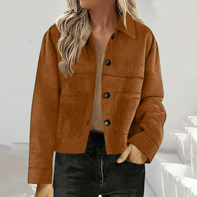 Plus Size Suede Jackets For Women 2025 Casual Button Down Cropped Jacket Fall Long Sleeve Outerwear Coats Work Clothes