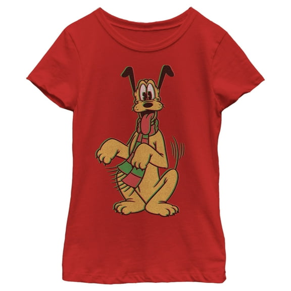 Girl's Mickey & Friends Happy Tail Pluto Holiday  Graphic Tee Red Medium