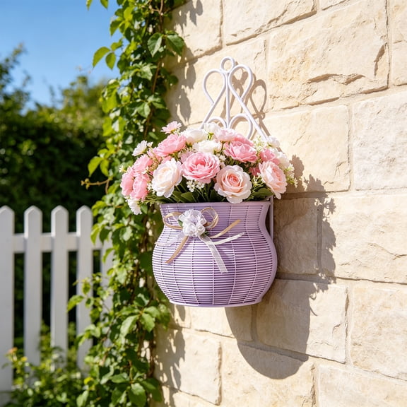 Wall Mounted Flower Vase Basket Rattan Look Planter, Waterproof No Drilling Lightweight Easy Clean Decor, for Living Room Patio Balcony Home Wall Decoration