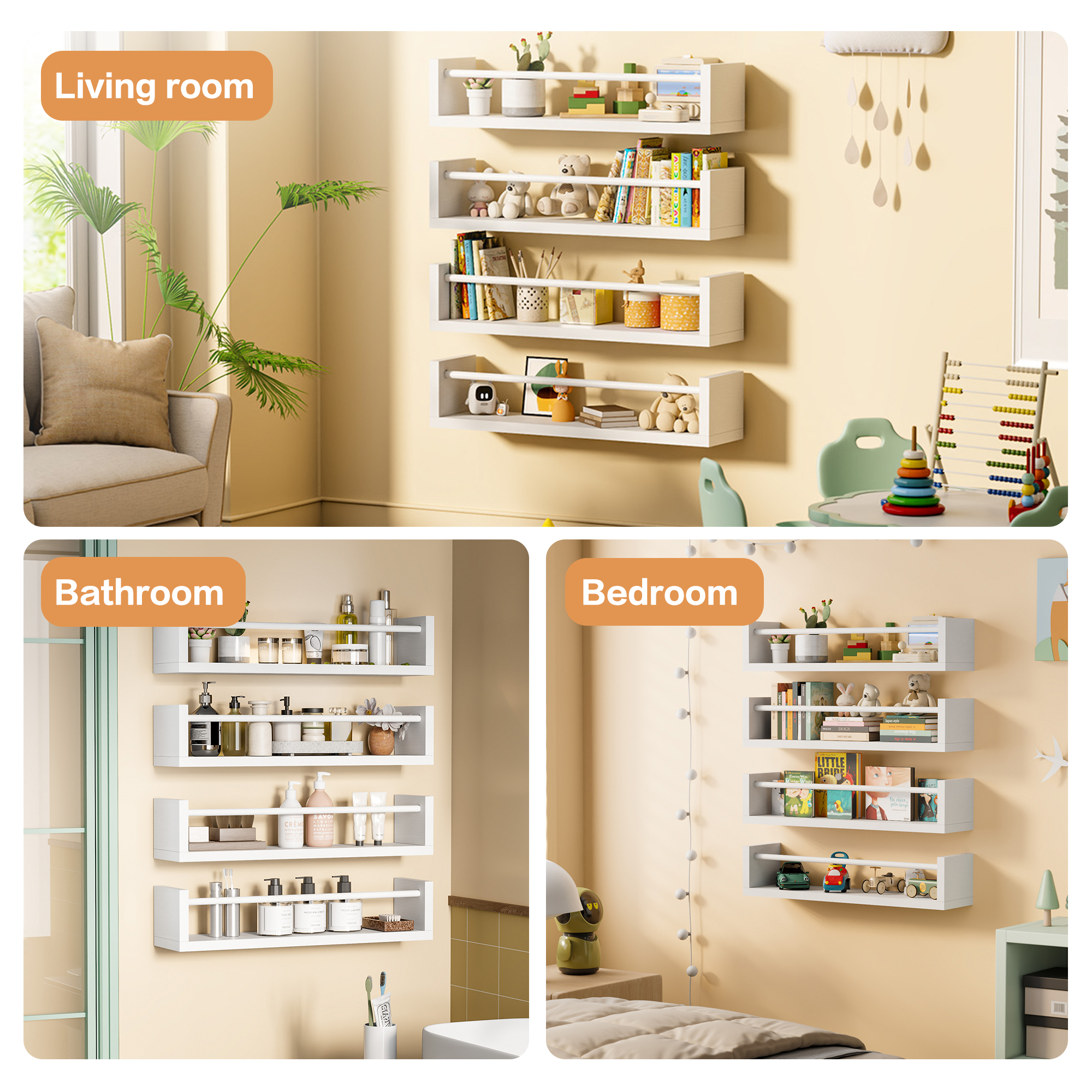 VUSIGN 4-Tier Wall Kids Bookshelf, 16.5” Floating Nursery Book Shelves for Kids Room Toddler Bedroom Furniture Toy Storage