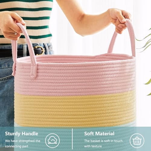 60L Hamper Laundry Basket for Baby Girls Kids Rainbow Nursery Hamper for Clothes Pastel Unicorn Woven Rope Blanket Basket for Toy in Playroom Bedroom 15Dx20H inches Large