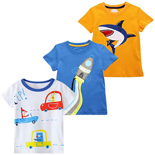 DEEKEY Toddler Little Boys 3-Pack Dinosaur Short Sleeve Crewneck T-Shirts Top Tee Size for 2-7 Years