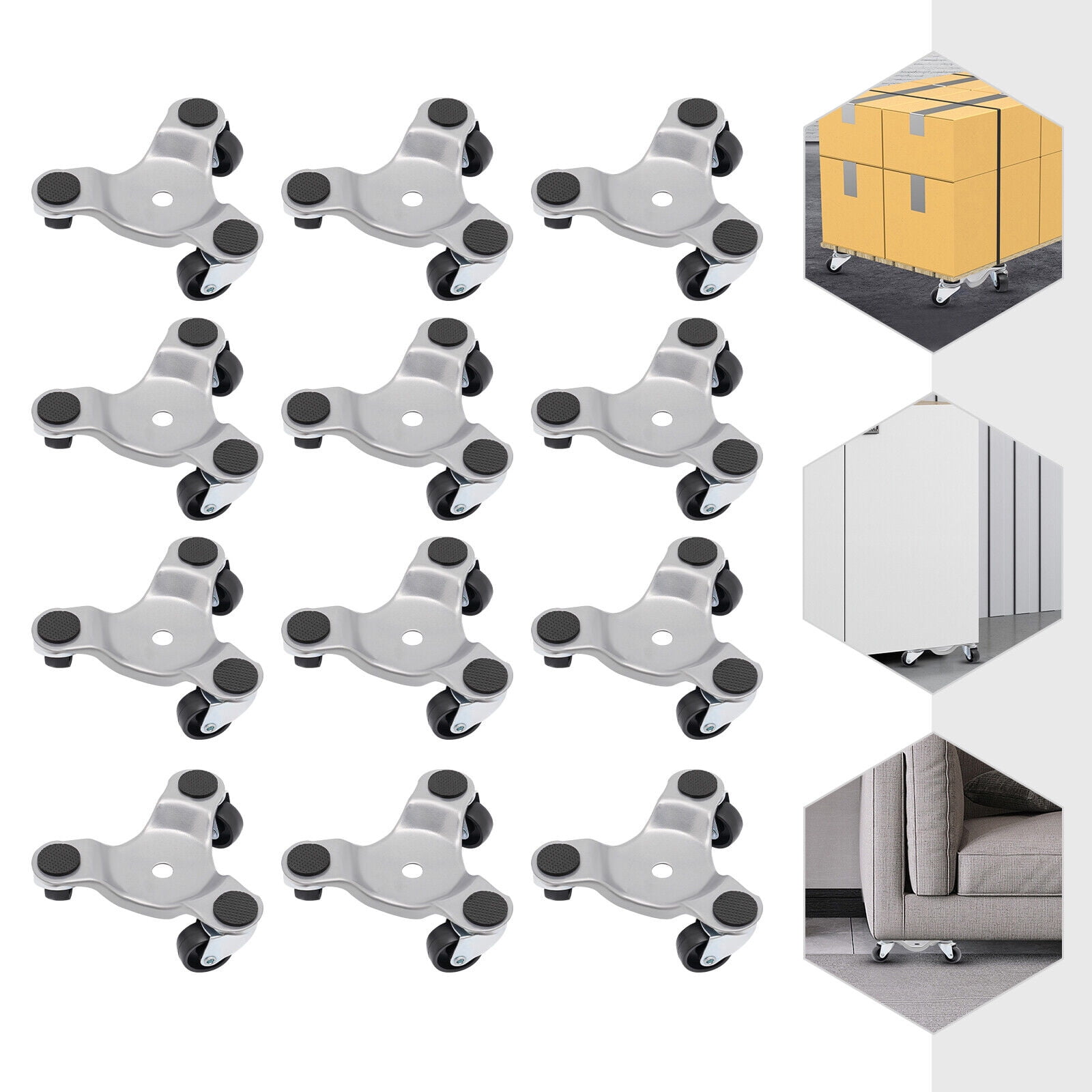 3 Wheel Iron Tri Dolly, 12-piece Set Furniture Moving Dolly Set, Silver Triangle Swivel Caster 360° Rotatable