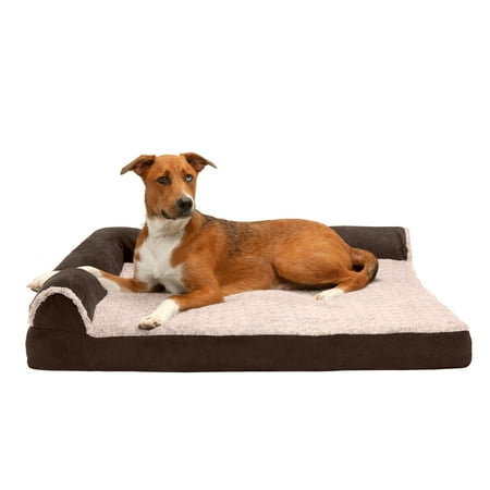 UPC: 0842229107470 | FurHaven Pet Products Two-Tone Faux Fur & Suede Cooling Gel Top Deluxe L-Chaise Pet Bed for Dogs & Cats – Espresso Jumbo