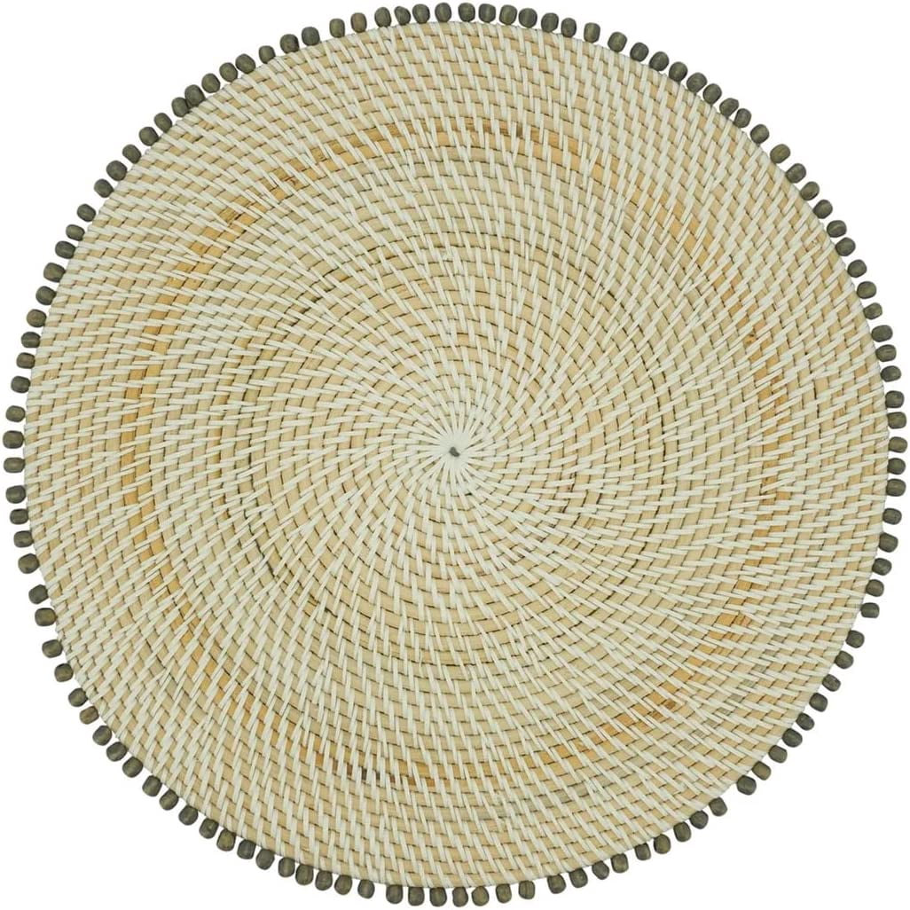 Fennco Styles Handmade Beaded Border Rattan Placemat 15" Round, 1- Piece - Grey Wood Beads Table Mat for Home Décor, Family Gathering, Banquets, Everyday Use and Special Occasion