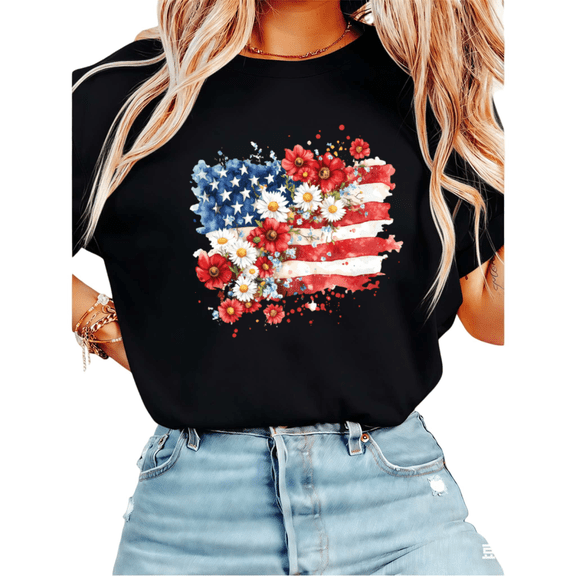 UNISHE Women's Watercolor Floral American Flag Daisy Graphic Short Sleeve T-Shirt Comfortable Crewneck Top