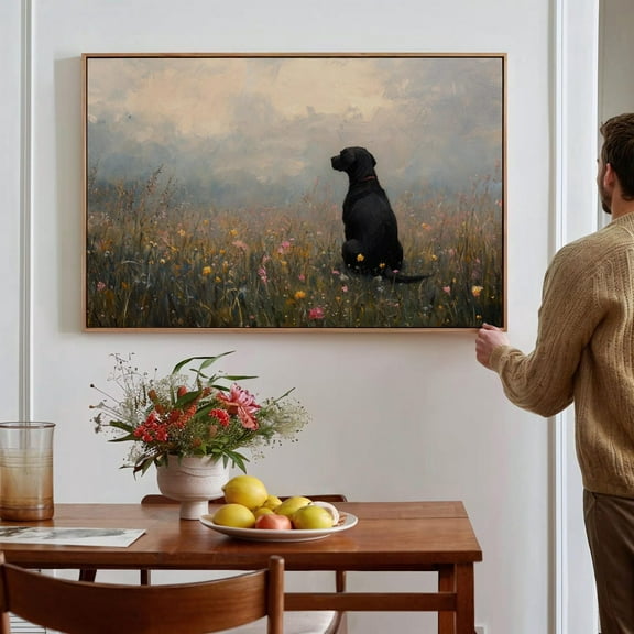 Black Labrador In Wildflower Field Art - Peaceful Dog Wall Decor For Pet Lovers And Rustic Home Interiors Wall Art, Modern Wall Decor, 16x24 UNFRAMED