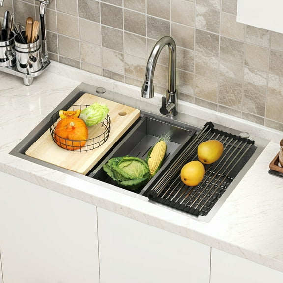 Dextrus 33" Drop In Kitchen Sink with Pull-Down Faucet, 304 Stainless Steel Single Bowl Workstation