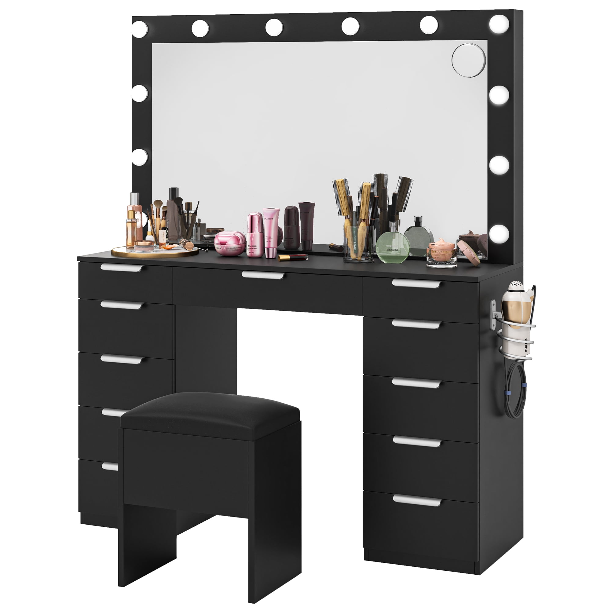 Uforic Adult 11 Drawer Vanity Set with Adjustable Lighted Mirror and Charging Station