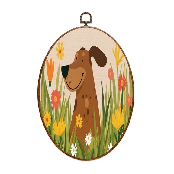 Canvas Wall Art Smiling Brown Dog Among Oval Framed Canvas Prints Vintage Wall Hanging Decor for Home Decorations Gifts for Mom Nana Women 8.6"x11.4"