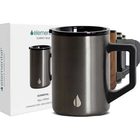 Elemental Summit Insulated Coffee Mug with Lid & Handle, Lightweight Camp Mug, Triple Wall Stainless Steel Vacuum Insulated Mug, Hot and Cold Thermal Coffee Tumbler, 16oz - Gunmetal