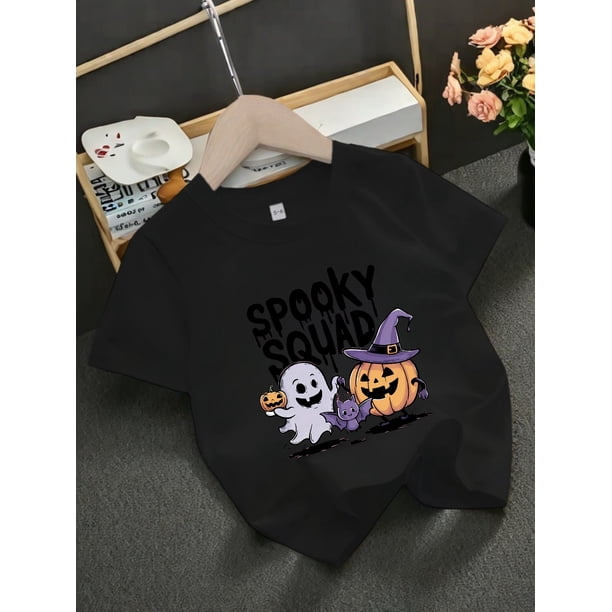 Halloween T-shirt - Girls' Halloween Graphic T-Shirt - "Spooky " Pumpkin & Witch Hat Design, White Casual Round Neck Tee, Short Sleeve Summer Top for Youngsters, Halloween Shirts