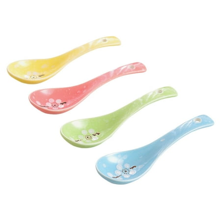 

4pcs Ceramic Plum Blossom Pattern Spoons Restaurant Soup Spoons Mixed Color