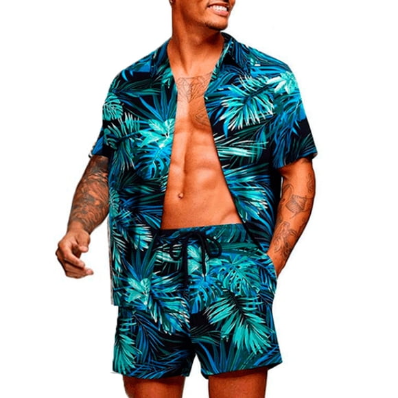 Sunloudy - Conjunto de camisa de manga corta con botones y pantalones cortos de playa para hombre Sunloudy moda