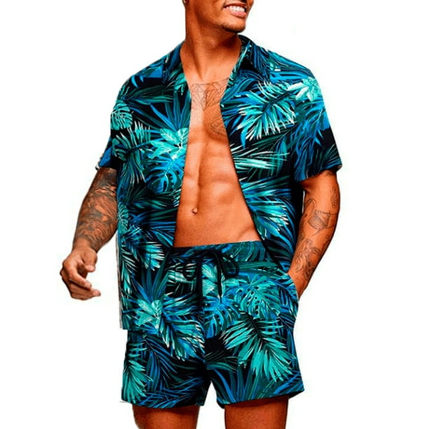 Txlixc Trajes de camisa hawaiana para hombre, camisa de manga corta con botones estampados a la moda + conjunto de pantalones cortos de playa Txlixc Casual