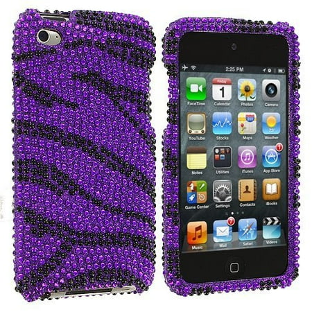 Ipod 4 Cases Zebra Print Zebra Bling Rhinestone Diamond Snap-On Hard Sking Case Cover for Apple Ipod Touch iTouch 4th Generation 4g 4 8gb 32gb 64gb by Electromaster-Black/Purple ()