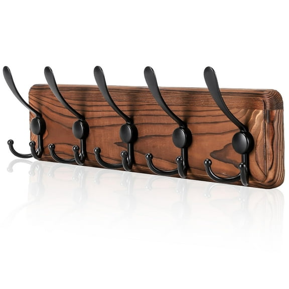 Rustic Wall Mount Coat Rack, Coat Hooks Wall Mount Wood Coat Rack with 5 Triple Hooks, Heavy Duty Wooden Wall Mounted Coat Hanger for Entryway, Farmhouse Hanging Coats, Hats, Bags,Towels