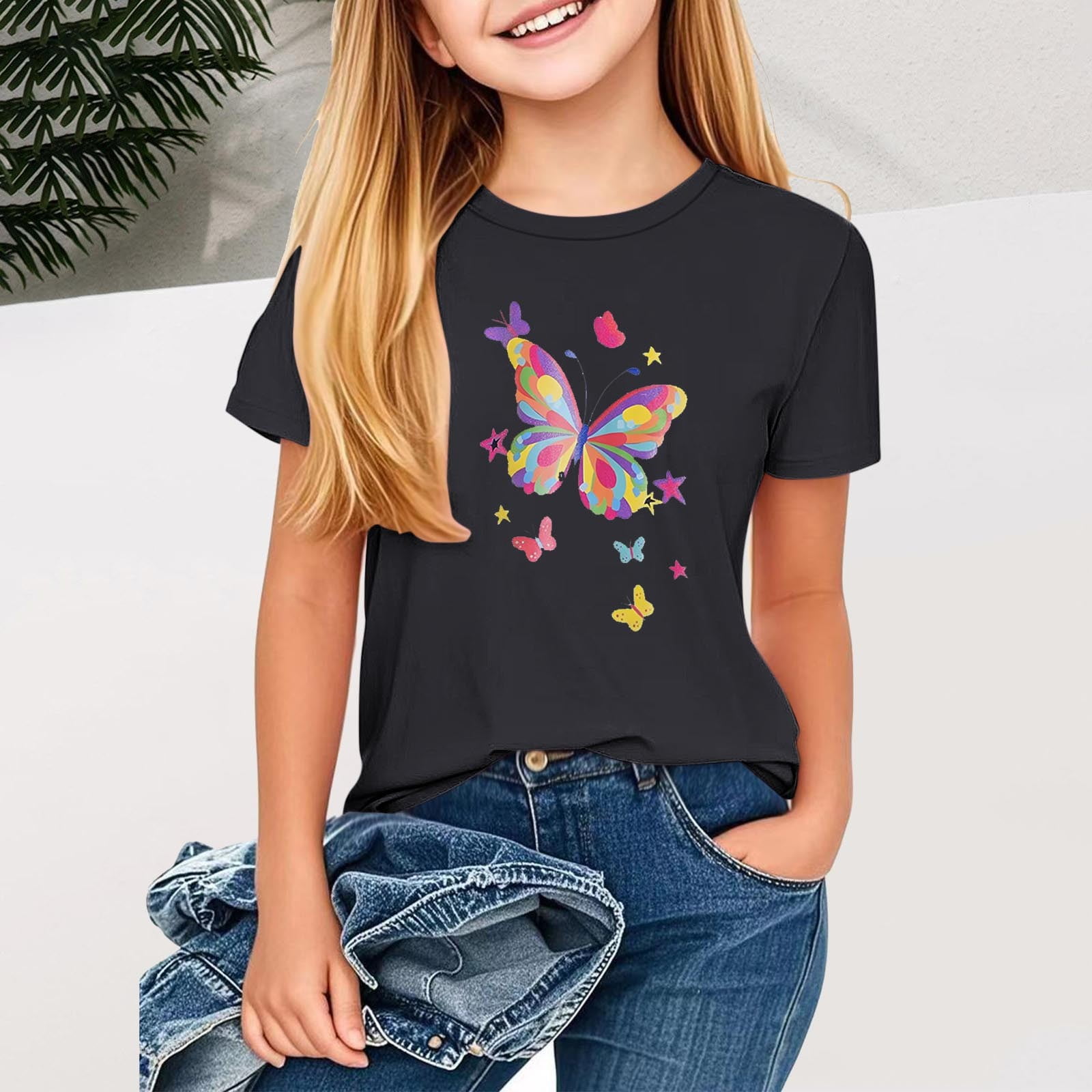 Spazoro Toddler Girls T-shirts Crewneck Casual Graphic Tee Summer Short Sleeve Tops Black Size 1-13T