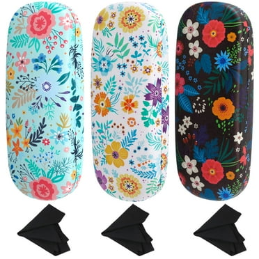 sixwipe 3 Pack Floral Glasses Case Hard Shell - Eyeglass Storage Box with Cleaning Cloth, Portable Travel Eyeglasses Case for Women & Men, Protective Cover for Reading/Sunglasses/Myopic Glasses