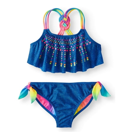 Girls' Rainbow Puff Print Flounce Bikini Swimsuit