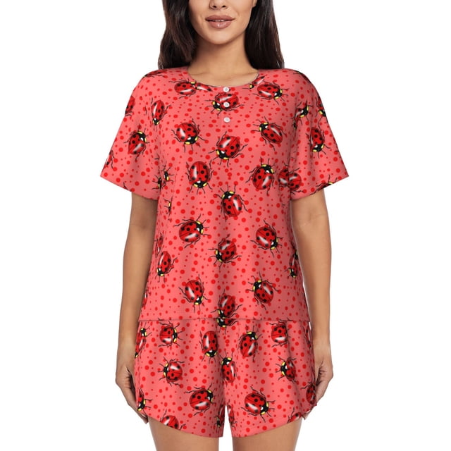 Fotbe Ladybugs On Red Polka Dot Conjunto de Pijama Estampado para Mujer, 2 Piezas, Ropa de Dormir con Camiseta de Manga Corta y Shorts Suaves-Large