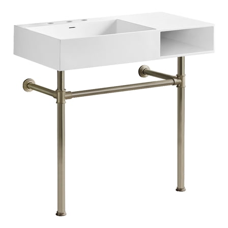 Kingston Brass Aurelius 36-inch Solid Surface Console Sink with Stainless Steel Legs 8-inch 3-hole Matte White Brushed Nickel