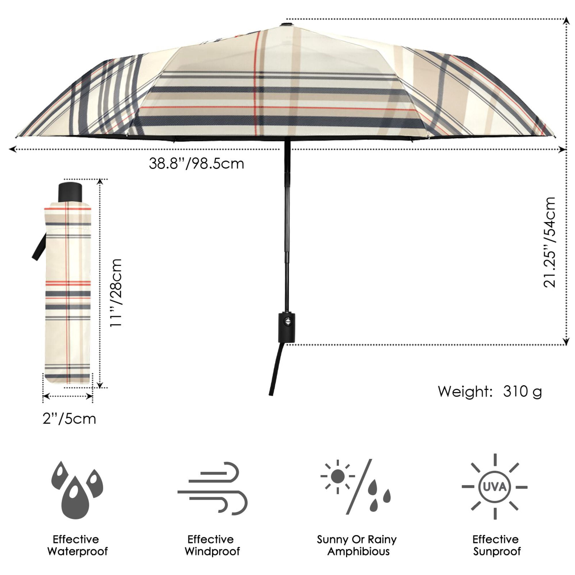 FORMRS Travel Umbrella Folding Auto Open Close Windproof Rain UV Protection, Beige Plaid Pattern