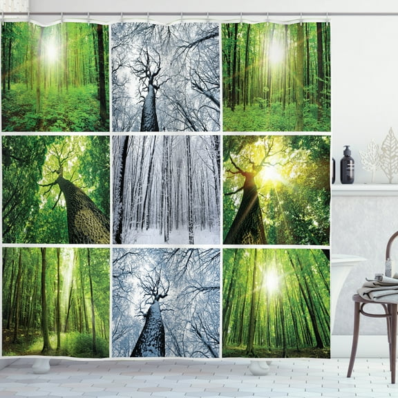 Ambesonne Forest Shower Curtain, Woodland Winter and Spring, 69"Wx70"L, Green and White