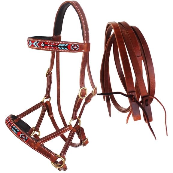 Horse Western English Leather Beaded Bitless Sidepull Bridle Reins 77RS17TN-F