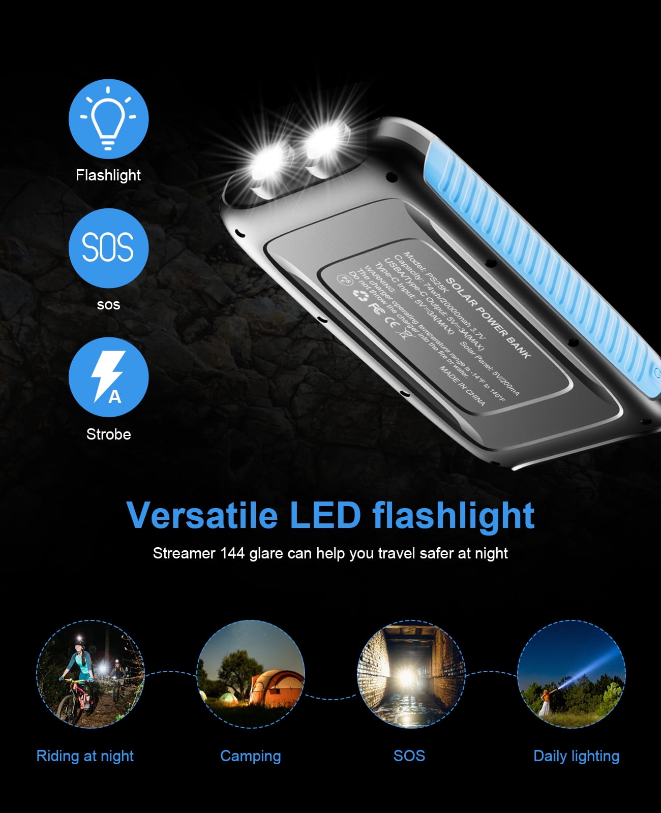 Yelomin 49800mAh Solar Power Bank Portable Charger with Dual 5V USB Ports,2 LED Light Flashlight,Waterproof Battery Pack for iPhone,Android,Suitable for Outdoor Camping Hiking Travel(Blue)