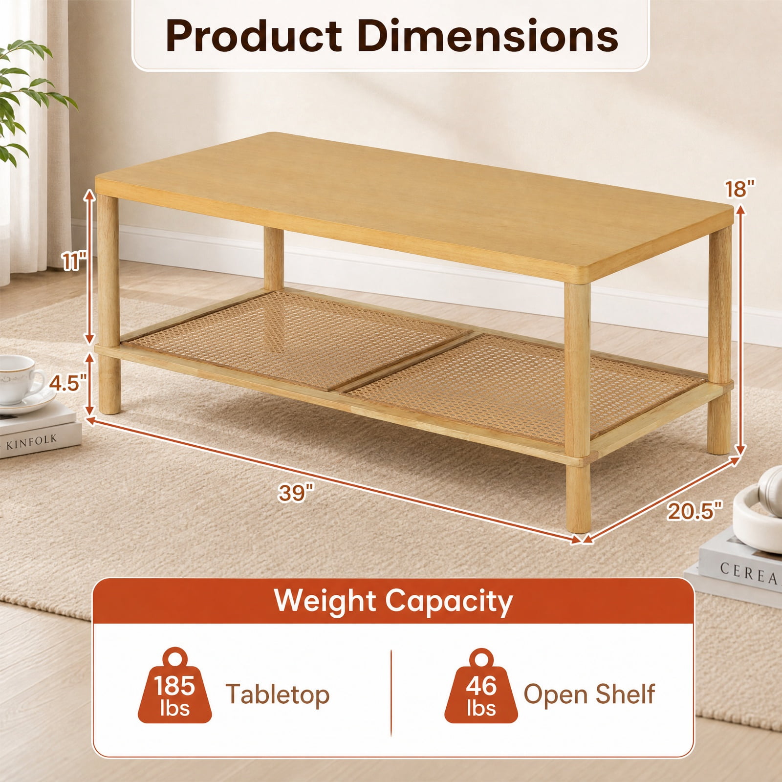 Furnibear 2 Tier Boho Rectangular Coffee Table with Rubber Wood Frame and Faux Rattan Open Storage Shelf for Living Room Home Office, Natural