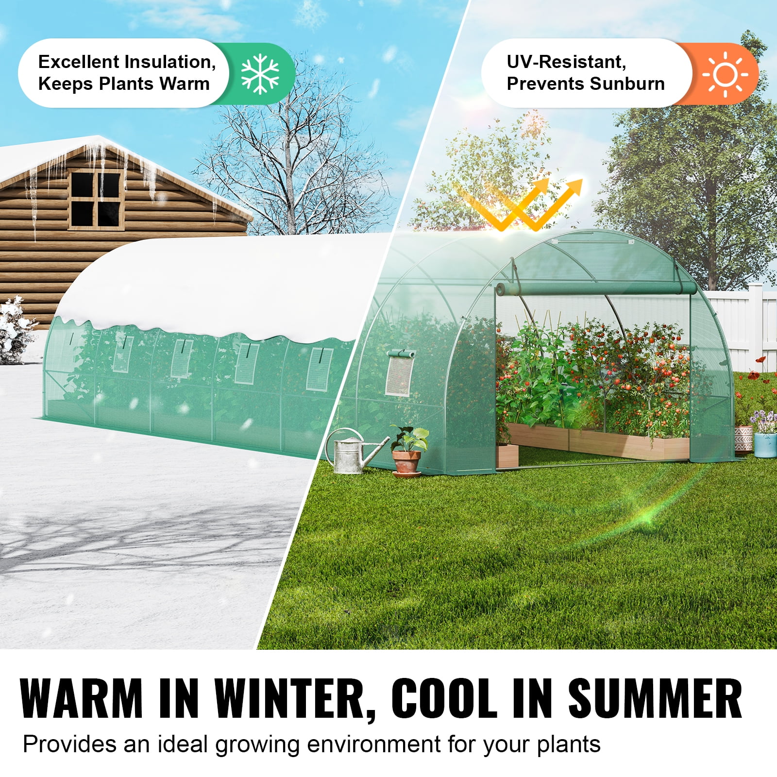 KFFKFF Tunnel Greenhouse, 29.2x9.7x6.5 ft, with Sturdy Galvanized Steel Frame and Green PE Cover, Features Roll-up Zipper Door and 12 Windows, Ideal for Extended Plant Growing Seasons