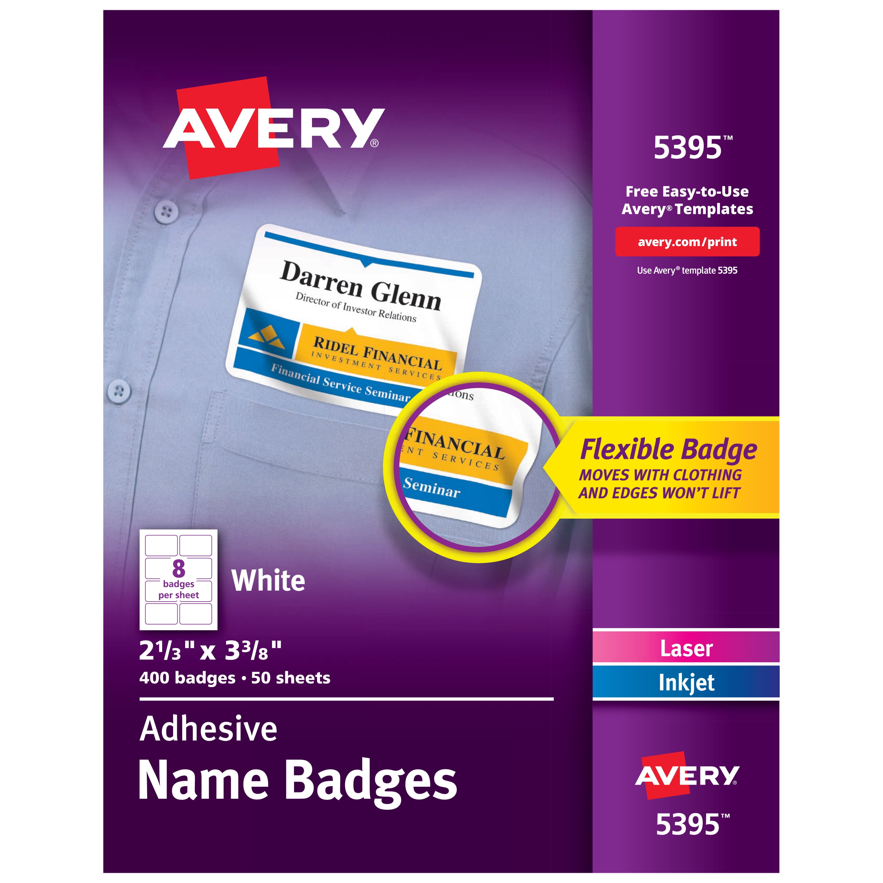 Assorted Colors Avery Flexible Name Badge Labels 5154 1 x 3-3/4 Pack of 100 