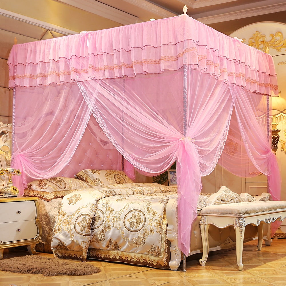 LIYJTK Girls Pink Net Bed Canopy