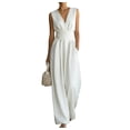 thumbnail image 2 of Women Linen Jumpsuits Sleeveless V Neck Elegant Dressy Casual One Piece Pants Romper Summer Outfits White 3XL, 2 of 5