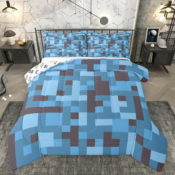Homewish Cartoon Pixelate Miner Bedding Comforter Set, Blue Square Abstract Twin Comforter Sets, Teens Kids Boys Girls Reversible Bedding Set, Luxury Bedroom Decor, 2pcs