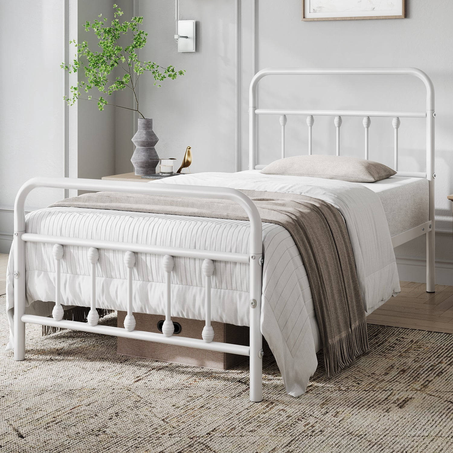 Alden Design Twin Size Classic Iron Platform Bed with High Headboard and Footboard, White