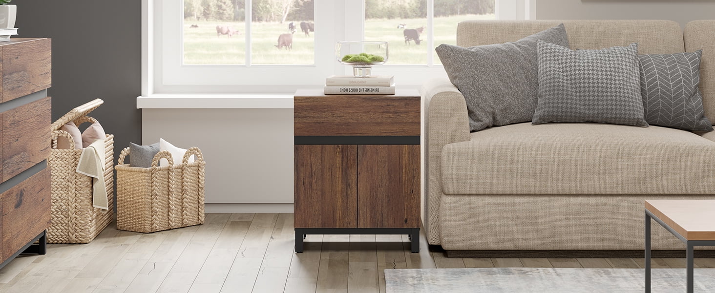 WAMPAT Nightstand with 1 Drawer & 1 Storage Cabinet, Modern Bedside Table with 2 Open Door for Bedroom, Wood Rustic Side End Table for Living Room,Brown